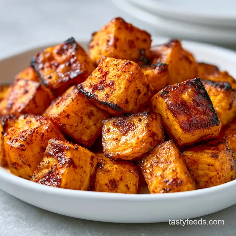 Cubed orange root vegetables with charred tips served in a matte black bowl, topped with a sprinkle of fresh parsley.