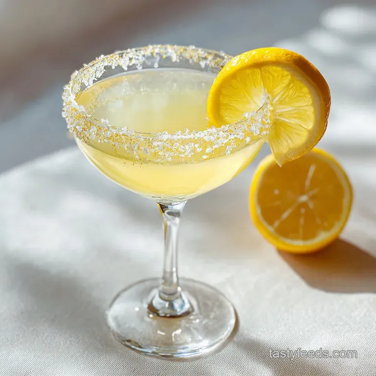 Elegant martini glass with a sparkling sugar rim filled with bright yellow liquid and a twist of lemon peel.