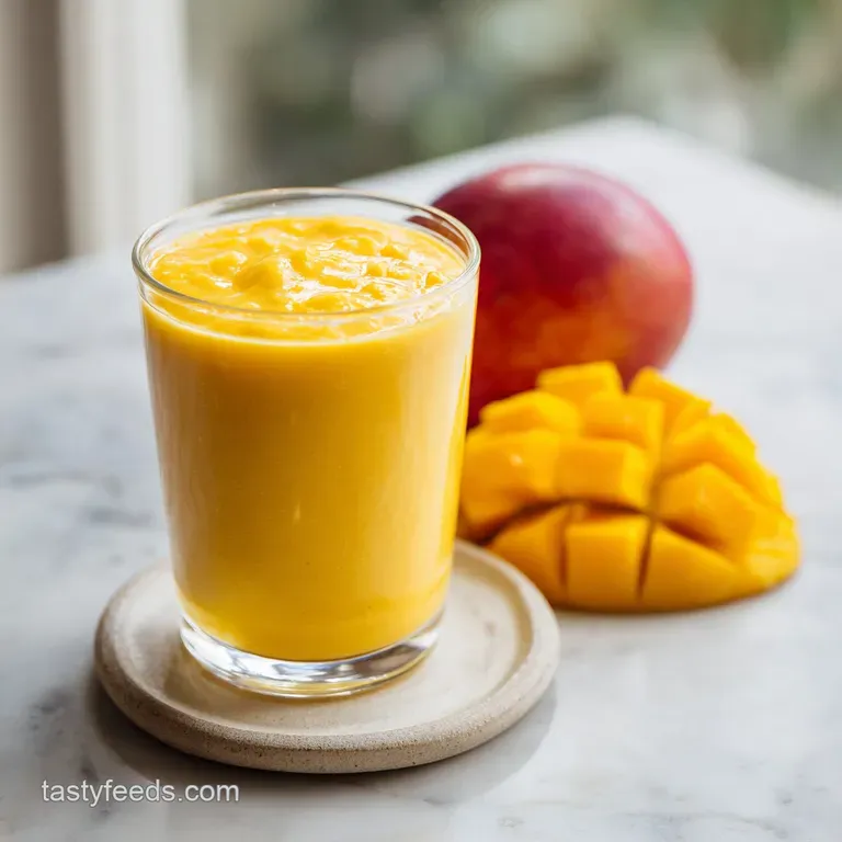 A tall glass of bright orange mango smoothie, glistening with condensation, garnished with a lime wedge.