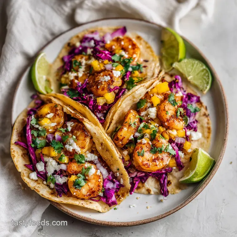 Artfully arranged shrimp tacos with lime crema and scattered pico de gallo on a rustic wooden board.
