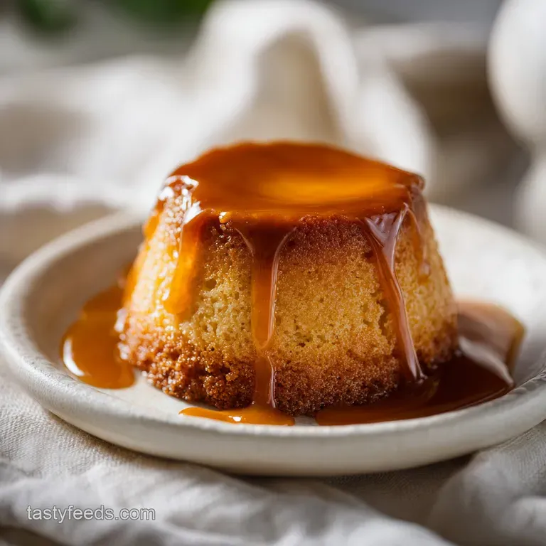 A slice of moist caramel cake artfully arranged, drizzled with extra caramel sauce.