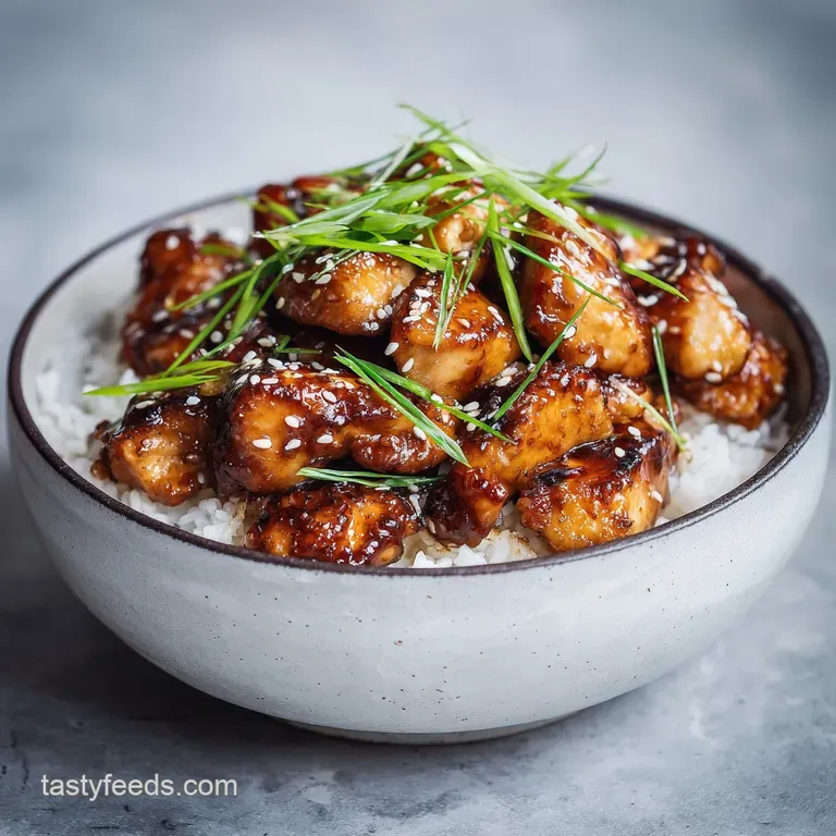 A glossy teriyaki chicken thigh, artfully placed beside a mound of fluffy rice, garnished with sesame seeds and fresh gree...