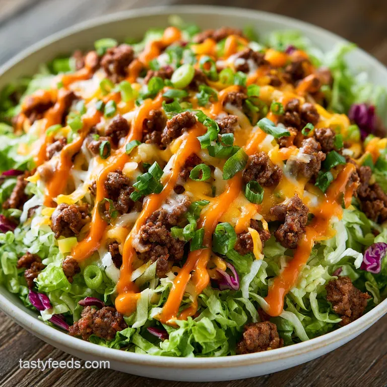 Fresh garden greens topped with seasoned beef, golden cheese, and a drizzle of creamy sauce in a white bowl.