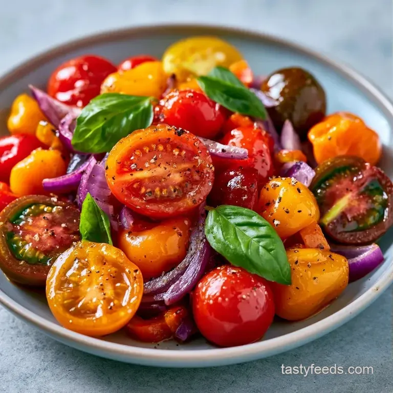 Freshly sliced heirloom tomatoes drizzled with olive oil and cracked pepper, arranged on a minimalist ceramic dish.