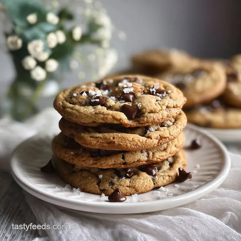 Stack of three warm cookies plated; edges crisp, centers soft & gooey. Flaky sea salt sprinkles glisten on top.