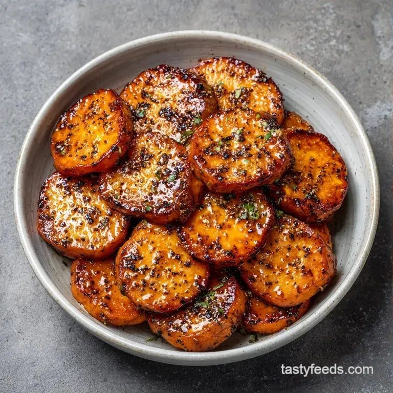 Symmetrically arranged golden cubes of glazed root vegetables topped with fresh herbs on a white ceramic plate.