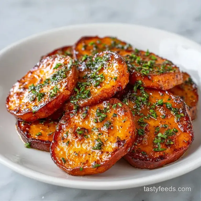 A heap of glistening, amber-colored roasted cubes on a white platter, topped with a dusting of fresh green herbs.