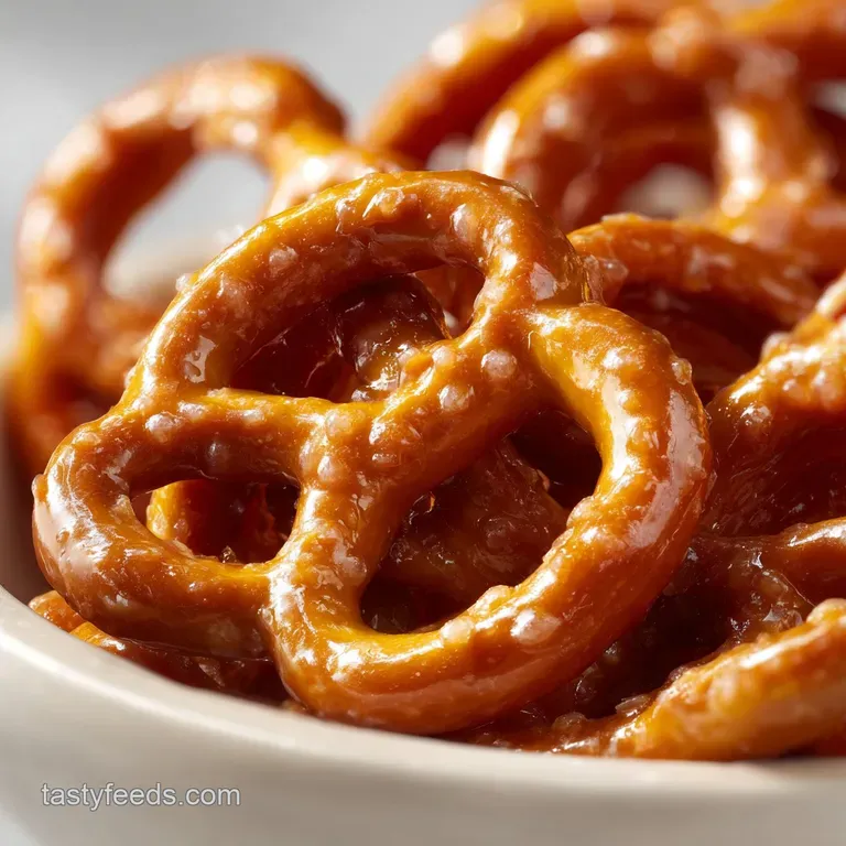 Stacks of glistening toffee pretzels artfully arranged on a white plate, ready to be served and enjoyed.