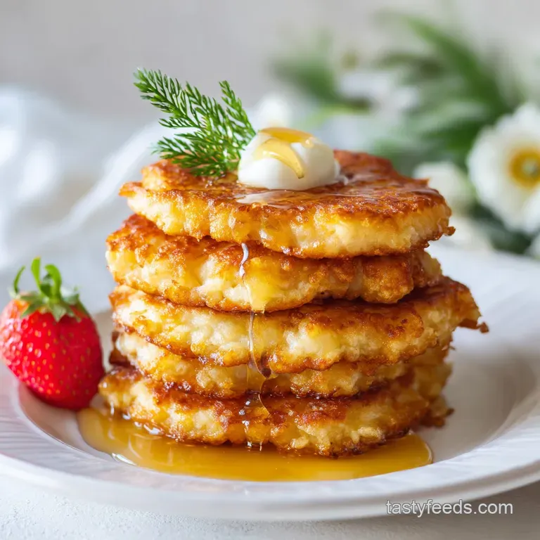 Three perfectly golden hoe cakes stacked, glistening with melted butter. Served with a side of fresh berries and maple syrup.
