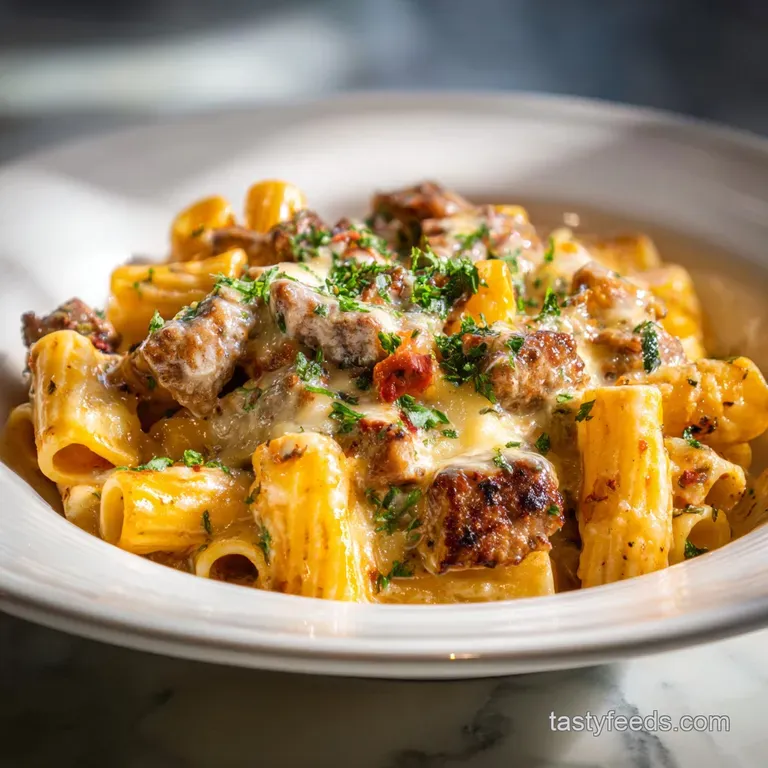 Perfectly plated pasta: steak-studded rigatoni with a glistening, silky sauce, garnished with fresh parsley and a sprinkle...