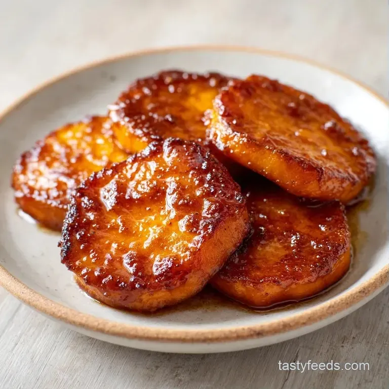 Neatly sliced glazed orange root vegetables on a slate plate, finished with a sprig of fresh green parsley.