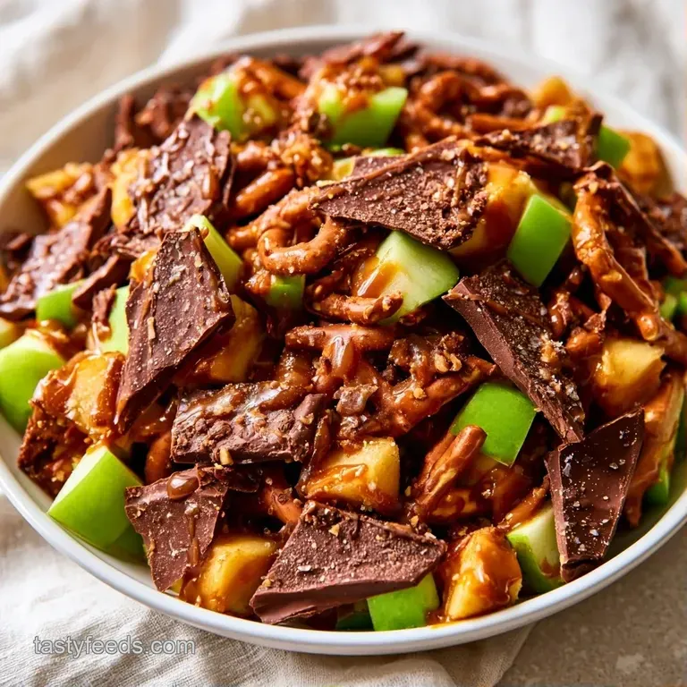 Neatly stacked shards of golden caramel treats with crunchy pretzels and tart apple slices on a white ceramic plate.