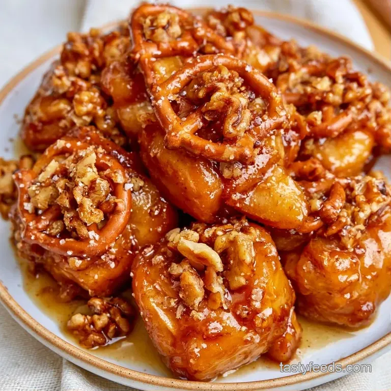 Small apple wedges coated in shimmering amber caramel arranged on a white ceramic platter with a dusting of salt.