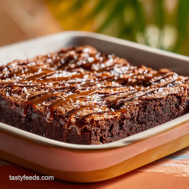 A single salted caramel zucchini brownie dusted with cocoa powder. Caramel glistens on top, inviting a bite.