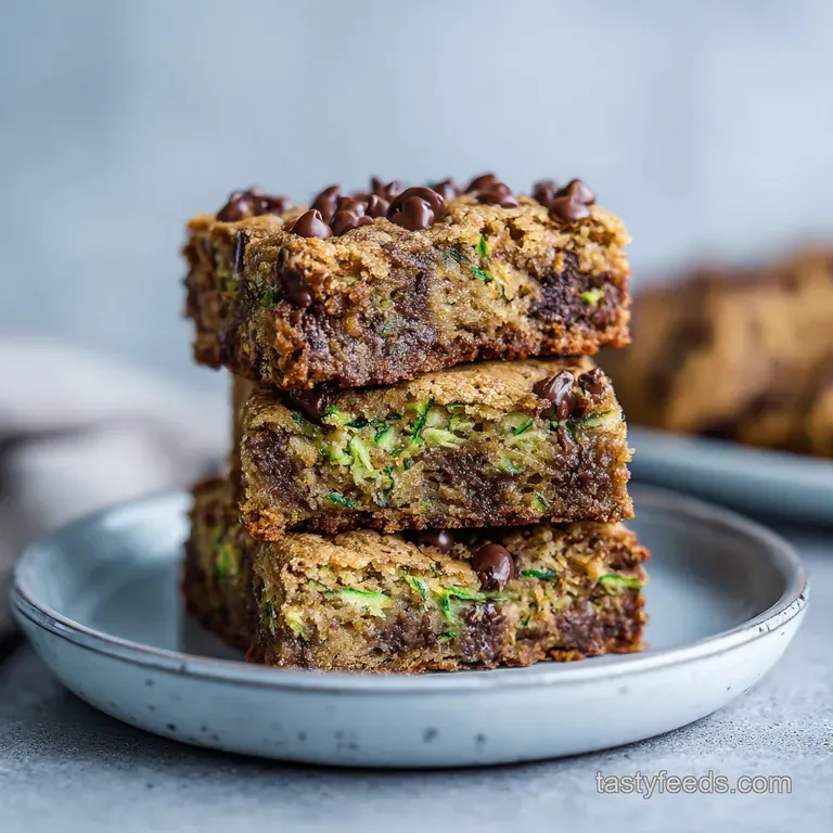Warm chocolate chip zucchini bar on a white plate, dusted with powdered sugar. Chocolate chunks and a blurred background.