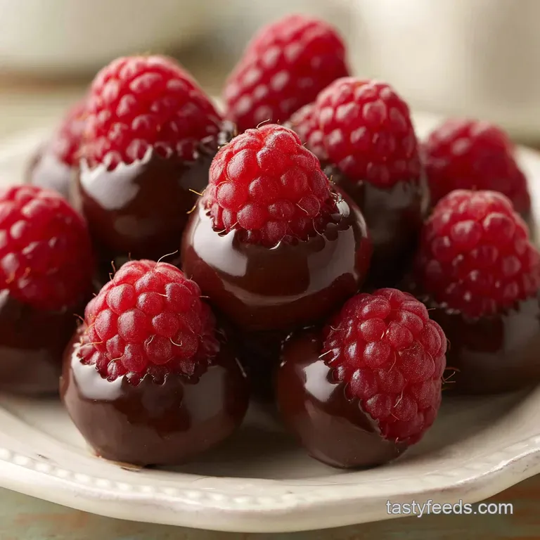 Pile of plump chocolate raspberries on a small white plate, dusted with cocoa powder for a rustic, elegant dessert.