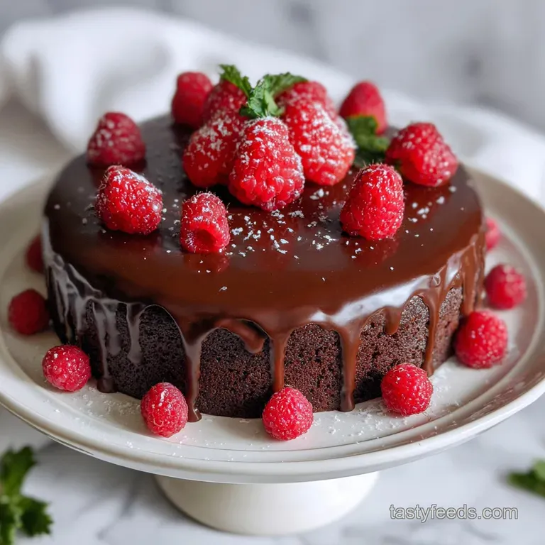 Slice of rich chocolate cake with glistening ganache, nestled beside fresh raspberries and a dusting of powdered sugar. El...