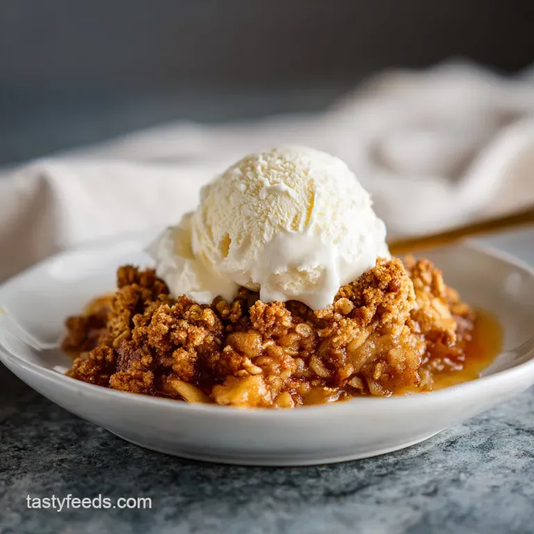 Warm apple crisp served in a ramekin, topped with a scoop of melting vanilla ice cream and drizzled with caramel sauce.
