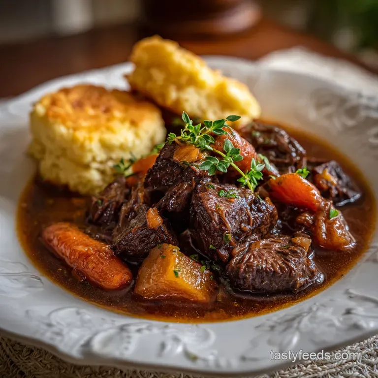 A single serving of beef stew, artfully plated with fresh parsley. Meaty chunks and vibrant vegetables shine.