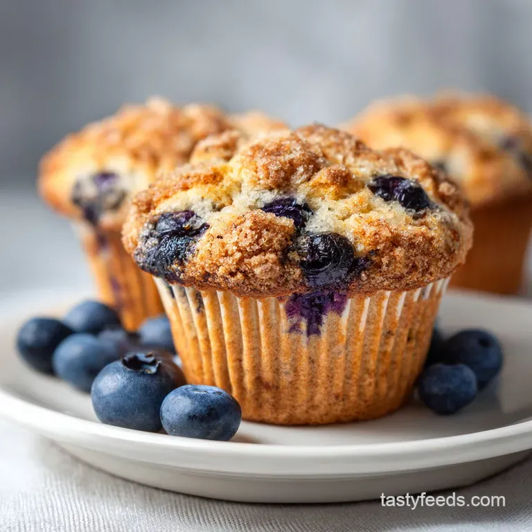 A single blueberry muffin sits on a white plate, dusted with powdered sugar. Plump blueberries glisten within its moist cr...