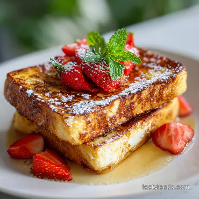 Stack of warm French toast drizzled with maple syrup, garnished with mint, served on a white plate; a classic breakfast tr...