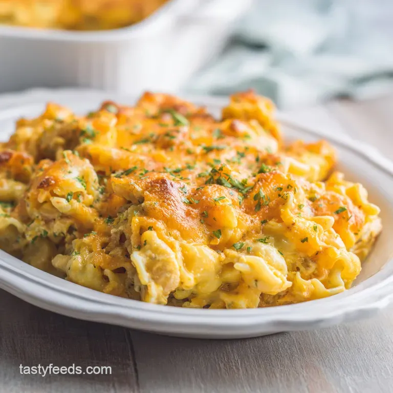 A scoop of tuna noodle casserole on a plate. Steam rises from the creamy sauce and golden crust, garnished with fresh pars...