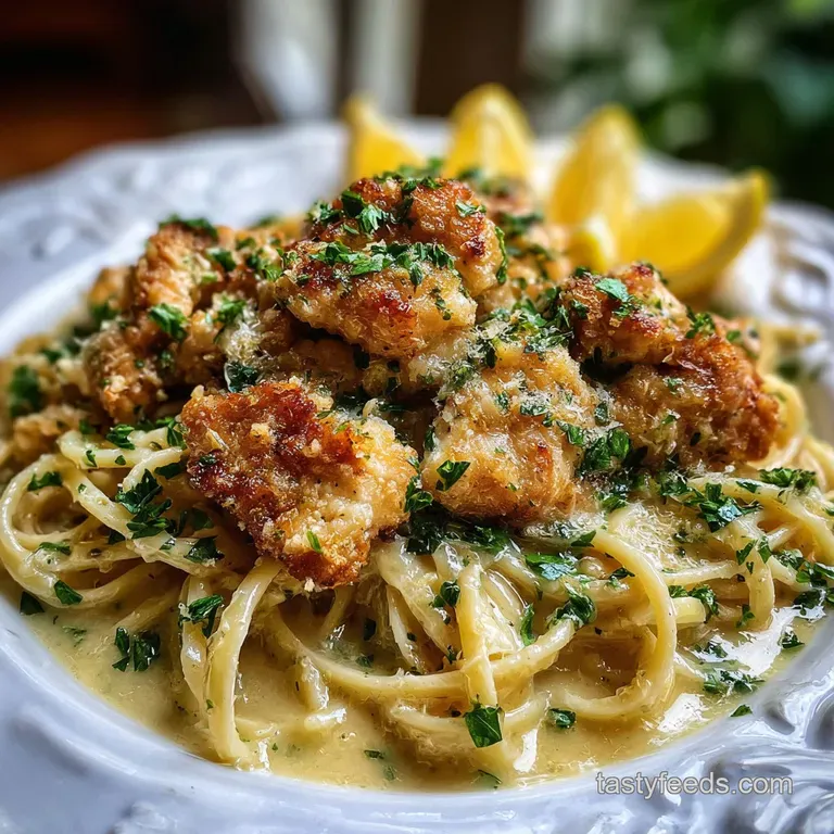 Perfectly plated chicken scampi; plump chicken breast smothered in creamy sauce, atop twirled pasta, garnished with parsle...