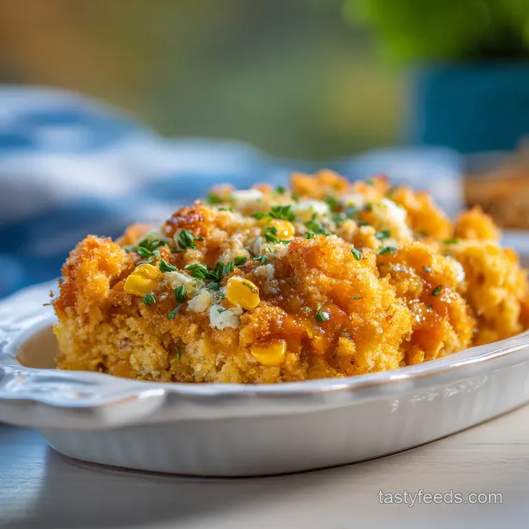 Individual serving of creamy casserole. Glistening squash, corn kernels and fresh herbs stand out against the browned topp...