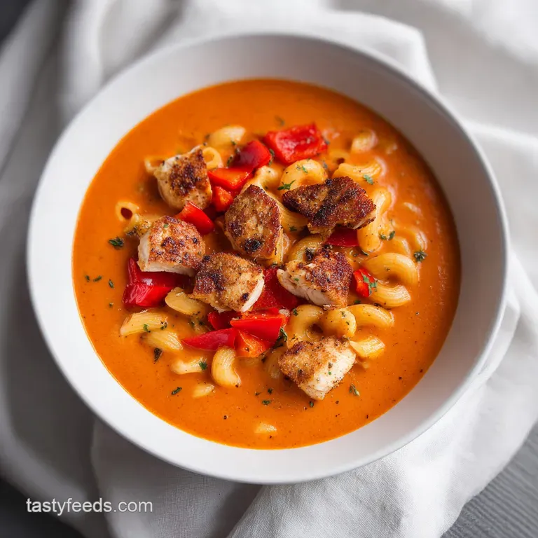 A shallow white bowl of rich orange cream soup with seared chicken and pasta, garnished with bright green scallions.