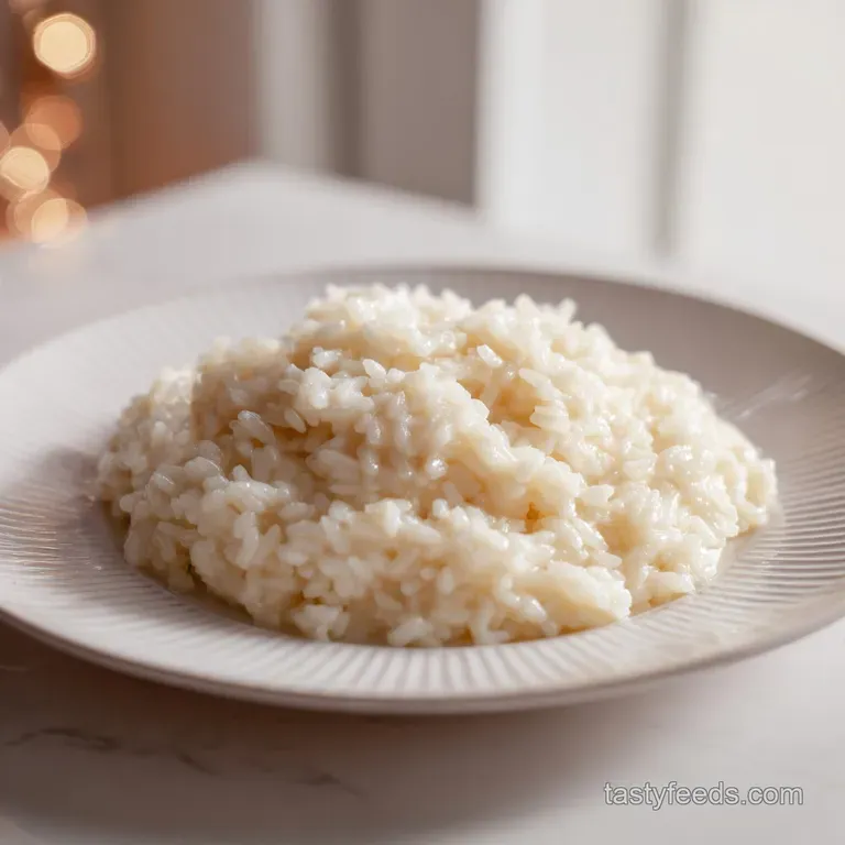 A wide shallow ceramic bowl of velvety white rice topped with fresh microgreens and a drizzle of gold olive oil.