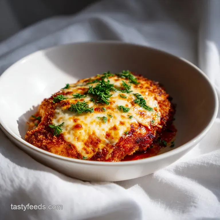 Chicken parmesan on a plate, showcasing golden-brown breading, melted cheese, and vibrant red sauce. Garnished with basil.