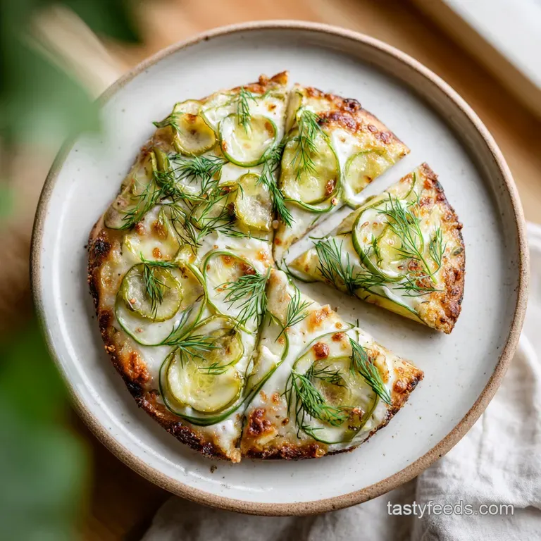 A slice of dill pickle pizza artfully arranged, showcasing melted cheese, fresh dill, and a golden-brown crust.