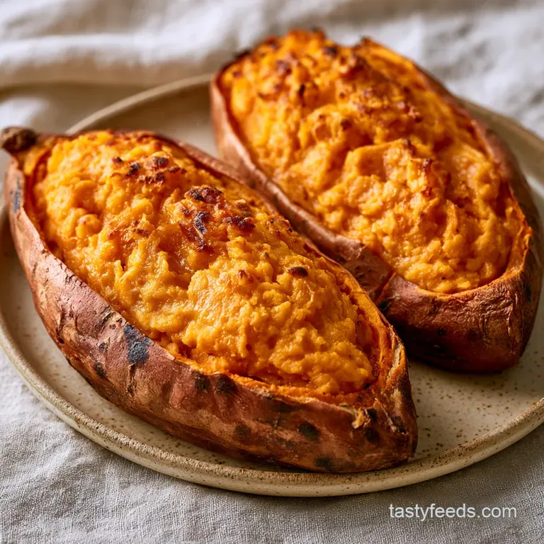 A split baked sweet potato topped with a pat of melting butter and coarse sea salt on a white ceramic plate.