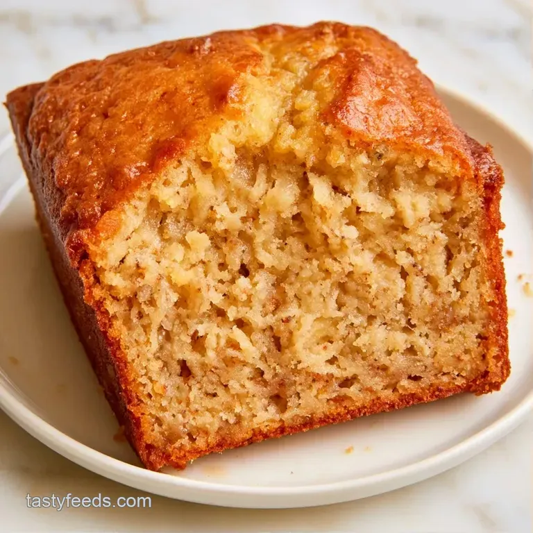 A slice of tender, golden-yellow cake on a white plate, topped with a swirl of cream and a fresh banana slice.