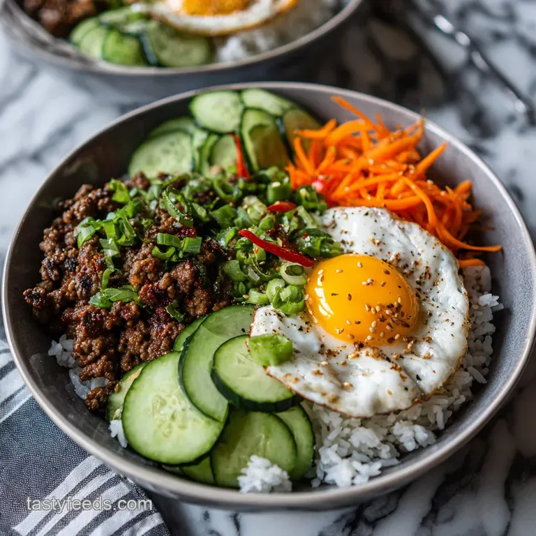 Perfectly arranged bulgogi bowl: glistening marinated beef over colorful greens, with a sprinkle of sesame seeds and vibra...