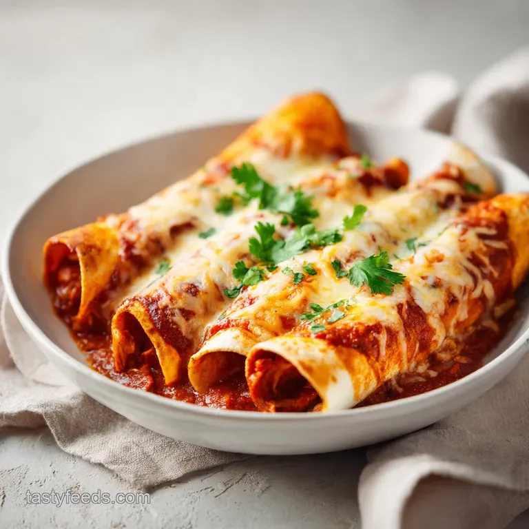 A creamy chicken enchilada, beautifully arranged on a white plate, drizzled with sauce and topped with crema.