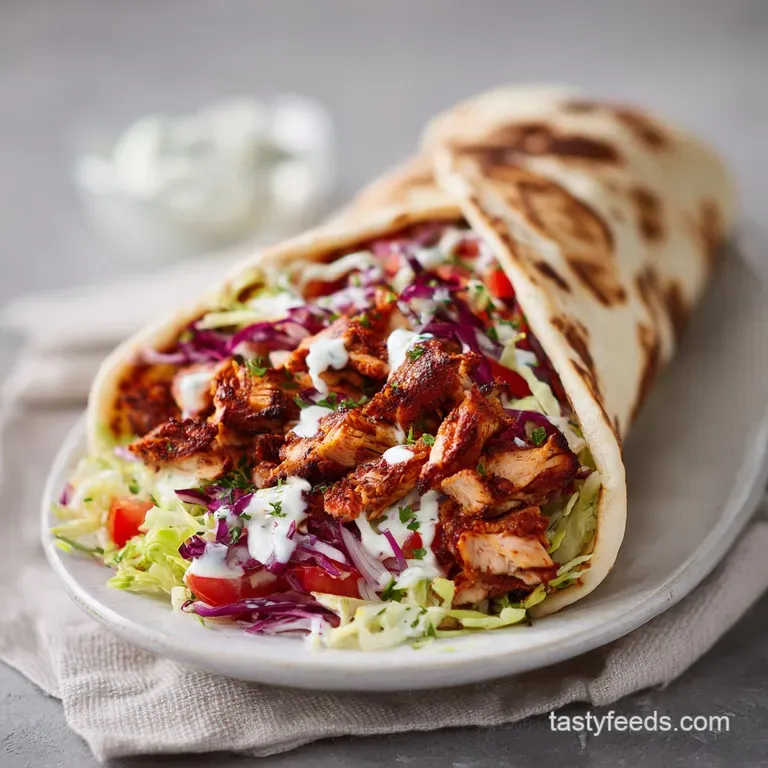 A fluffy pita filled with succulent shawarma, topped with creamy tahini and fresh tomato slices