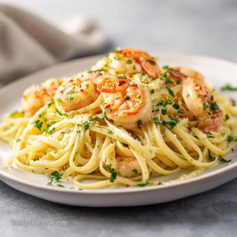 Close-up of elegantly plated shrimp linguine: al dente pasta, vibrant green parsley, and juicy shrimp with golden garlic.