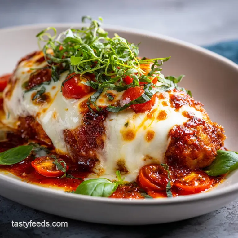 Crispy chicken parmesan on a white plate, with a glistening red sauce and herbs, ready to be enjoyed.