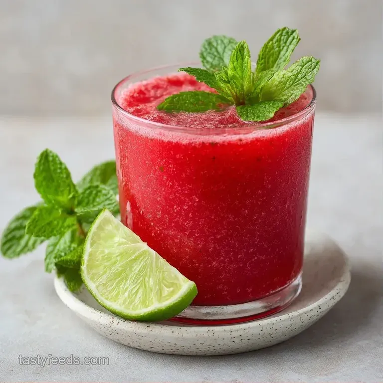 Chilled red fruit blend in a tall crystal glass, garnished with a fresh watermelon wedge and a sprig of mint.
