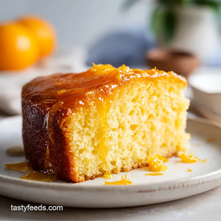 Elegant slice of moist orange cake, glistening glaze, topped with a vibrant candied orange peel garnish.
