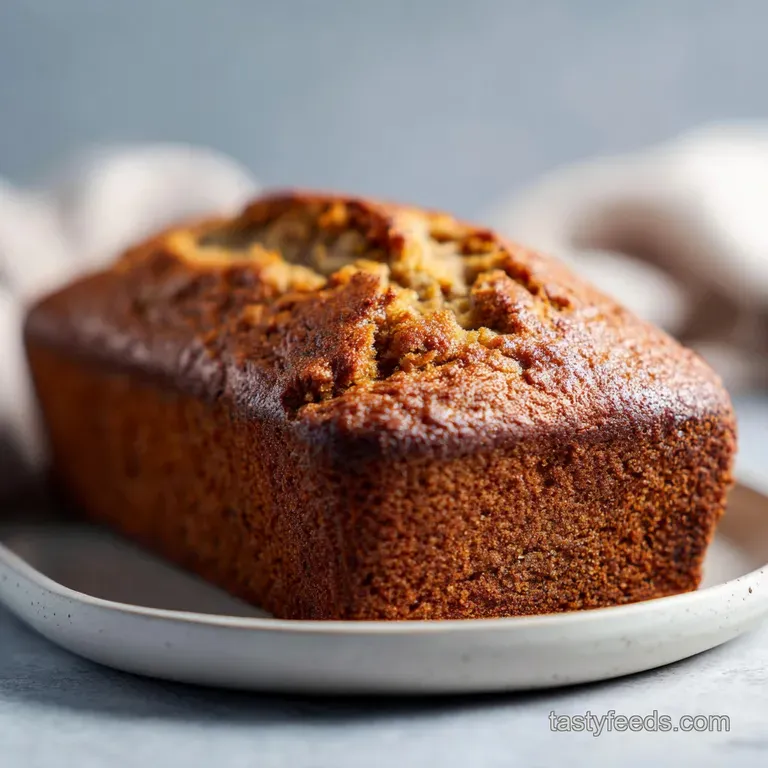 A slice of moist banana bread presented elegantly on a white plate with a dusting of powdered sugar and fresh berries.