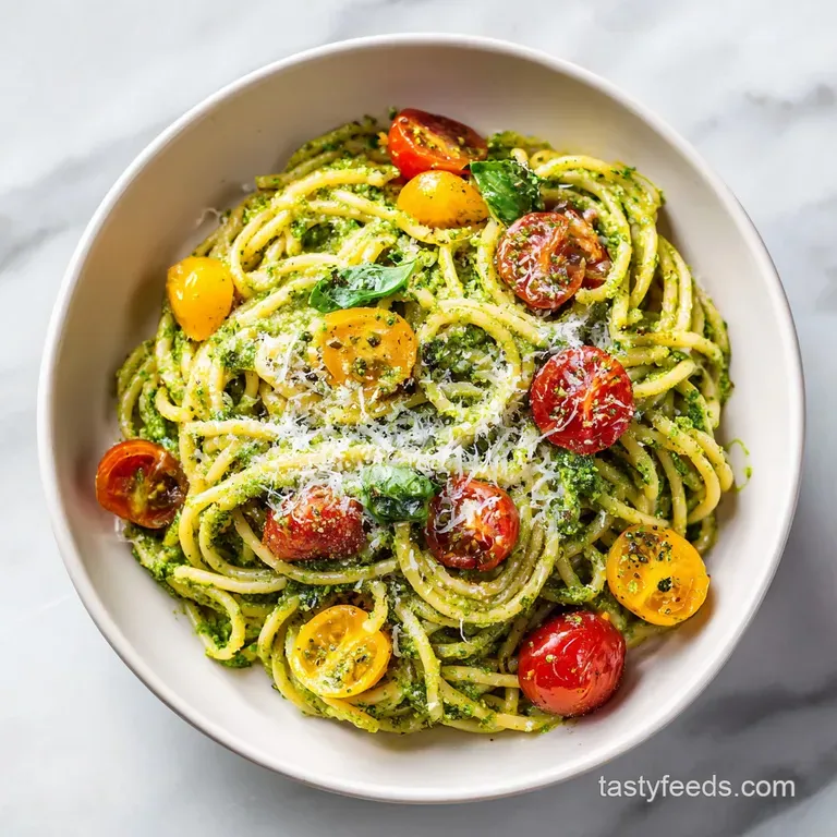 An artfully arranged swirl of pesto pasta, garnished with fresh basil and a drizzle of olive oil.