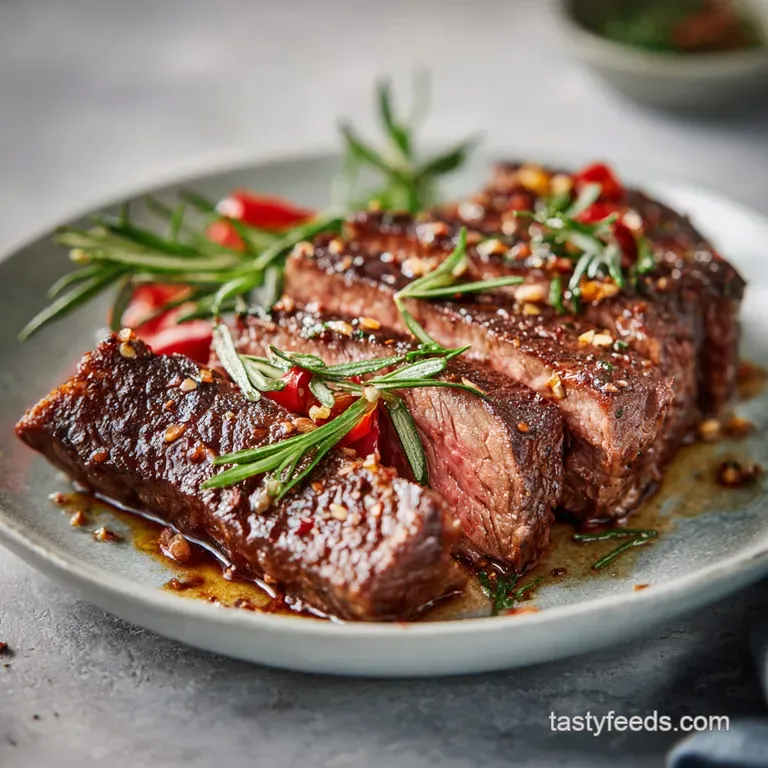 Perfectly seared steak slices artfully arranged with a glistening glaze and a sprinkle of sea salt.