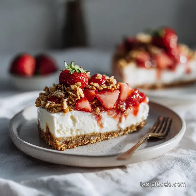 A slice of cheesecake adorned with fresh strawberries and a dollop of whipped cream, artfully plated.