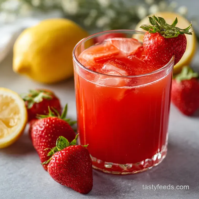A tall glass of icy pink lemonade, garnished with fresh strawberry slices and a lemon wheel.