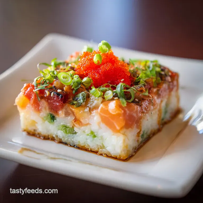 A generous scoop of baked sushi casserole, artfully presented with a sprinkle of vibrant green onions.