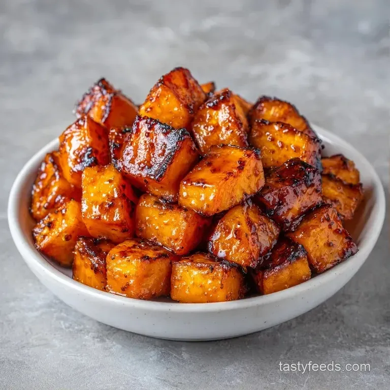 Roasted orange potato cubes piled high on a white plate, garnished with fresh green herbs and a side of cream.