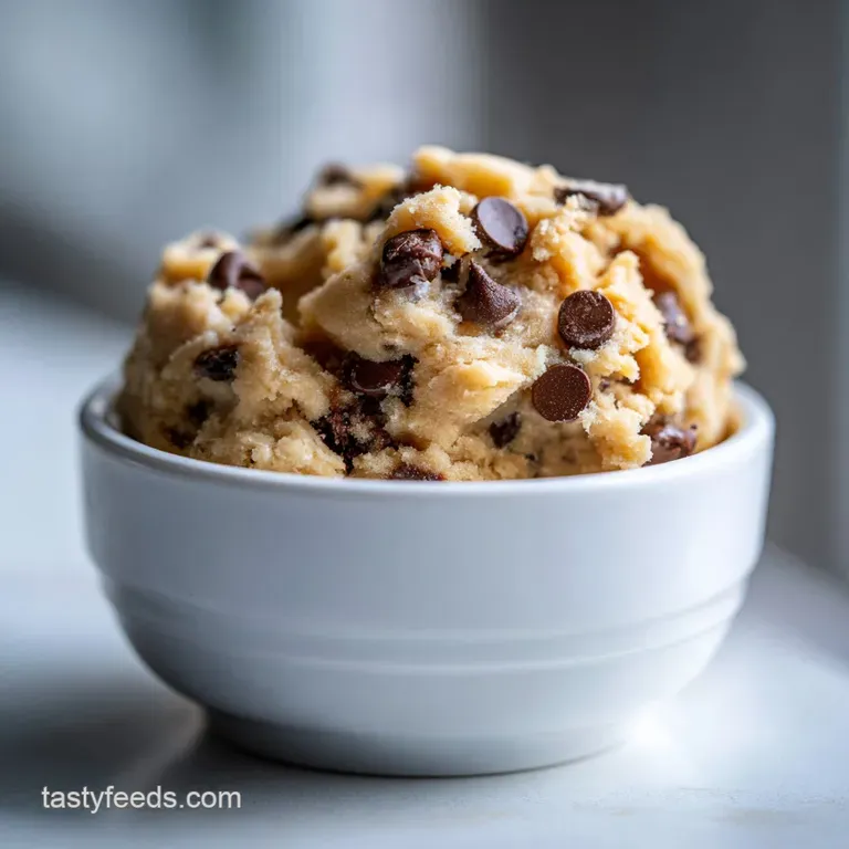 Scoop of soft, light brown cookie dough sits on a white plate, adorned with dark chocolate shavings and vibrant, rainbow s...