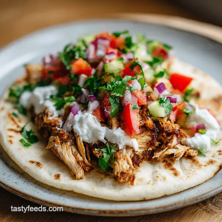 Artfully arranged gyro featuring golden chicken, crisp lettuce, juicy tomato, and dollops of cool, white sauce. Fresh herb...